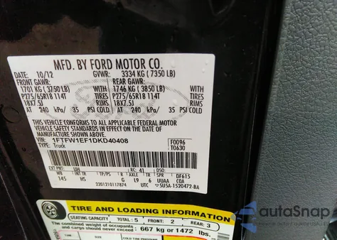 2013 Ford F-150 Lariat z USA, uszkodzony, nr VIN 1FTFW1EF1DKD40408